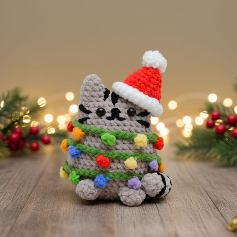 Christmas Cat tangled in chrismas tree lights crochet pattern