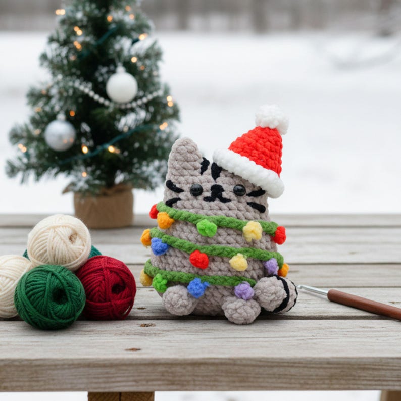 Christmas Cat tangled in chrismas tree lights crochet pattern