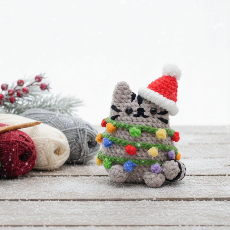 Christmas Cat tangled in chrismas tree lights crochet pattern